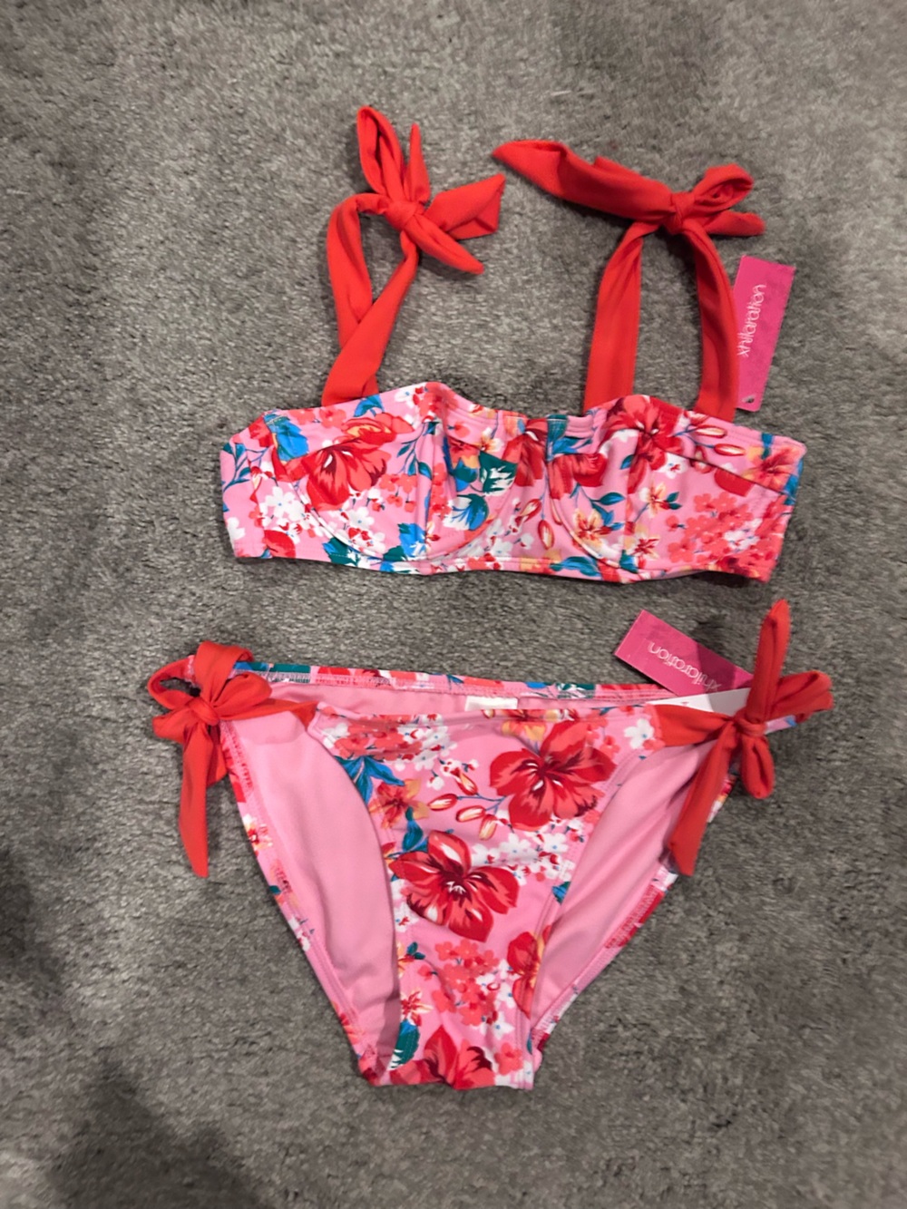 Xhilaration Pink Floral Bikini with Red Ties
